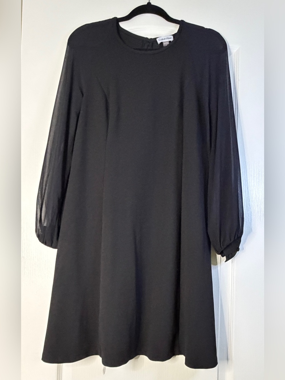 Calvin Klein Black Shift Dress Sheer Balloon Sleeve Round Neck Long Sleeve Sz 12